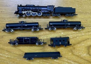 Preowned Kato N Steamer C62 with Tomix Freight Wagons 6 cars set. Black Beast 2 (GL119).  Kato N Steamer C62 มือสอง พร้อมชุด Tomix Freight Wagons 6 คัน Black Beast 2