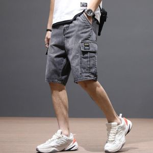 New 2024 Mens Loose Fit Denim Shorts Summer Casual Multi-Pocket Thin Five-Quarter Length Trendy Bootcut Pants Youth Fashion