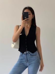 Black V-Neck Knitted Vest Women Summer Shoulder Strap Top Outerwear Sleeveless Layered Short Style Suit Jacket Fashionable