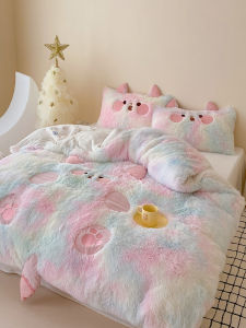 Thick Warm Coral Fleece Baby Velvet Four-Piece Bedding Set Winter Cartoon Cute Mink Velvet Duvet Cover Sheet Pillowcase