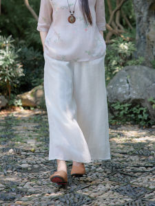 Summer Thin Cotton Linen Wide Leg Pants Womens Commute Artistic Casual Nine Point Double Layered Loose Fit Trousers