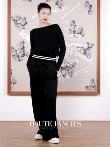 High Waist Wide Leg Pants Haute Fancies Post Concept Minimalist Elastic Knitted Drawstring Drapey Straight Leg Trousers