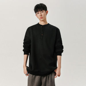 WUKONGYOUHUO | Plain Texture Long-sleeved T-shirt with Henry Collar and Ears of Wheat Jacquard for Autumn