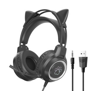 New Cat Ear Wired Headphones RGB Lighting HiFi Stereo Earphone For PC Laptop Gaming Headset With 360° Noise Canceling Microphone