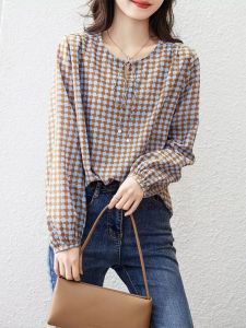 Áo Sơ Mi Cổ Tròn in Chấm Bi Đơn Giản Dáng Rộng Tay Dài Thiết Kế Dây Thắt Lưng Áo Phông Nữ Thu Đông Mới Về