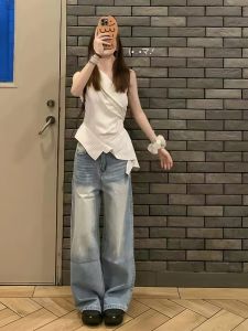 VKSOD | French Style Loose Waist Striped Top Womens Summer High Waist Wide Leg Jeans Two Piece Set Casual Comfortable Breathable