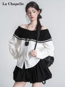 La Chapelle | Halter Off-Shoulder Design Blouse with Ruffles and Knit Panels