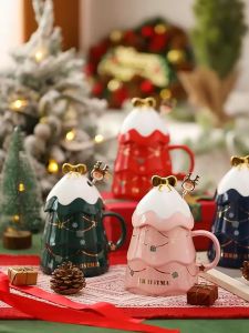 【ถ้วยคริสต์มาส】ความจุขนาดใหญ่ 500 มล. คริสต์มาสถ้วยเซรามิคชาถ้วยนมแก้วกาแฟพร้อมฝาปิดช้อนสำหรับวันหยุดของขวัญ