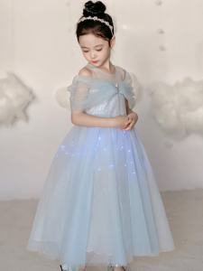 Blue Glowing Princess Dress for Girls Summer Birthday Elegant Tulle Skirt Beautiful Childrens Dress Elsa Princess Costume