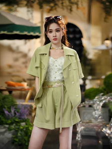 TUNT Gold Eating Beast Summer Collection Womens Casual Shirt Waist Cinched Shorts Set Polyester Fiber Short Sleeve Two Piece Set