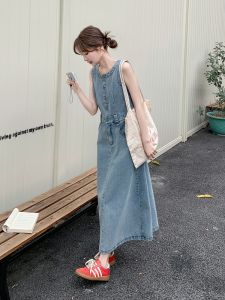 Blue Korean Style Denim Sleeveless Dress Womens Summer New Vintage Casual Lazy Vest Long Skirt High Waist A-Line Dress