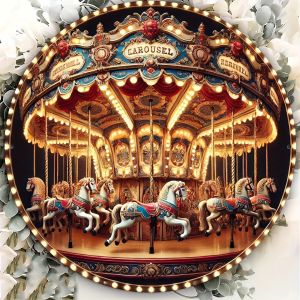 2D Metal Sign Vintage Carousel Horse Round Metal Wall Art 7.9x7.7 Inch Preattached Holes for Easy Hanging Retro Carnival Gift