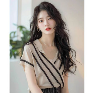 Color Block Striped T-Shirt Summer Korean Style Casual Simple Versatile Slim Fit Shi Yilin Commuting Short Sleeve Top