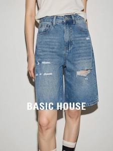 Basic House | Blue Distressed High-Waist Straight-Cut Denim Shorts