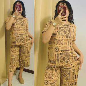 Women’s Abstract Print Terno Set Cotton Spandex Round Neck Tokong Pants Freesize M–2XL Homewear