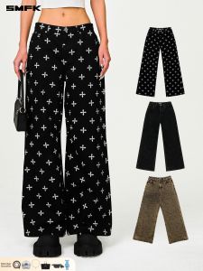 SMFK | Wide Leg Cotton Denim Pants with Drape and Full Print