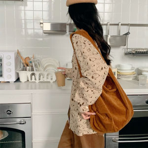 Large Capacity Corduroy Tote Bag Simple Pure Color Retro Hong Kong Style Shoulder Bag for Youth Casual Fashion Canvas Bag