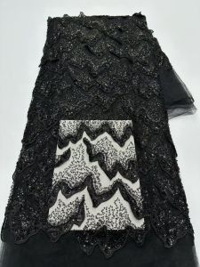 5Yards African Bridal Lace Fabric with Sequins Beaded Embroidery High Quality French Tulle for Wedding Groom Nigerian Style