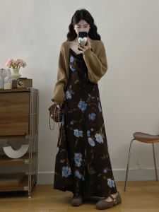 Early Autumn New Style Large Size Floral Print Camisole Dress Coffee Color Open Cardigan Two-Piece Set Korean Style High Waist A-Line Skirt