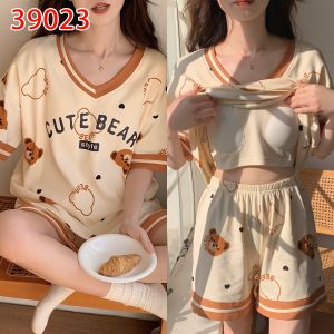 Pure Cotton Sleepwear Set with Chest Pad V-Neck Short Sleeve Short Pants Cute Student Home Clothes Two-Piece Set for Women