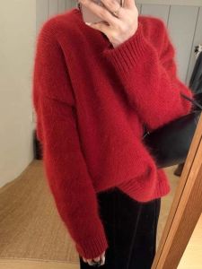 Loose Fit Christmas Red Bear Velvet Knitted Sweater round Neck Base Layer Soft Polyester Fiber Long Sleeve Daily Wear