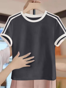 Summer Womens Loose Cotton T-Shirt Short Sleeve Pure Color Shoulder Three Bars Design Versatile Top Breathable Sweat Absorbent