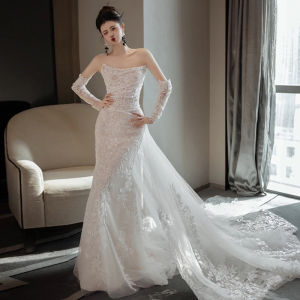 Classy Lace Fishtail Light Wedding Dress Bride Tube Top off-Shoulder Slimming Wedding Veil Super Mori Long Trailing Dress