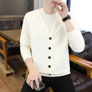 HENGYUANXIANG | Casual Knitted Long Sleeve Round Neck Sweater Fake Two-Piece Style Mens Fashion Urban Winter Top V-Neck Open Cardigan Cotton Polyester