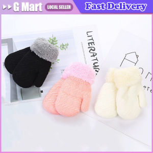 1Pair Children Mittens Winter Wool Knitted Gloves Faux Fur Thick Warm Cartoon Baby Boys Girls Hanging Neck Gloves for 1-4 Years