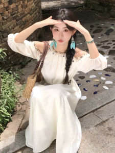 Stunning Summer New Fashion Fairylike Beach Vacation Long Dress Womens Clothing High Waist A-Line Skirt Polyester Fabric No Sleeve