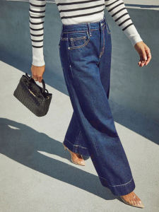 2025 New Summer Womens High Waist Wide Leg Jeans - Classic dark blue washed stretch jeans with button fly for an elegant style.