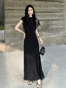 SHANGSHA | Elegant High-End Hepburn Style Black Fitted Dress
