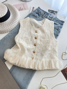 PAIBOLI | Fashionable Sequin Womens Vest White Outerwear Summer Korean Style High Waist Short Sleeve Round Neck Thin Material Commute Wind