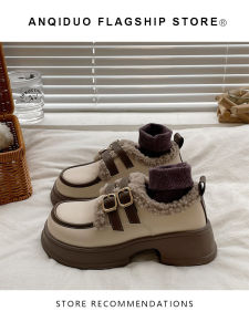 Angie Doge British Style Thick Bottom Sheepskin Womens Shoes Winter Fleece Lined Slip-On Cotton Shoes round Toe mid Heel