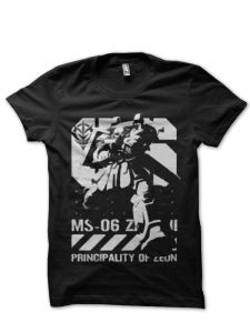 MS 06 Zaku II Black T-Shirt White Graphic Principality of Zeon Mobile Suit Gundam Classic Mecha Anime Cotton Tee