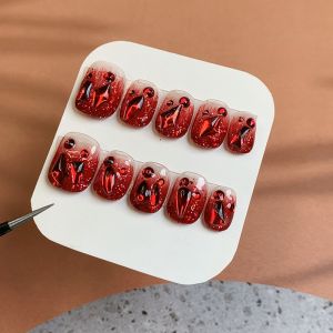 Red Full Diamond Handmade Short Nail Tips Wearable False Nails Detachable Luxury Sensation False Nails for Ladies