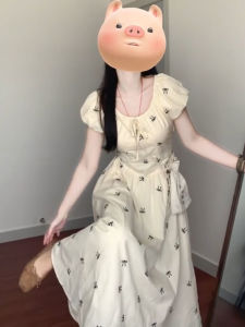 Váy Dài Tay Bồng Kiểu Pháp Ngọt Ngào Cho Nữ Mùa Hè Váy Dài Cạp Cao Ôm Sát Váy Dài Cổ Tròn Kiểu A Váy Dài