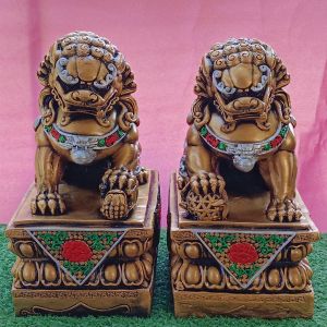 สิงโตจีนคู่มงคลขนาด 10 นิ้วทรงเครื่องสีทอง เสริมฮวงจุ้ยช่วยเสริมบารมี ลูกค้าจะได้รับเป็นคู่