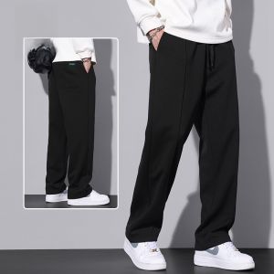 ROMON | Romon Mens Straight Leg Sweatpants Spring Summer Thin Loose Drapey Black Casual Long Trousers Sporty Wide Leg Pants