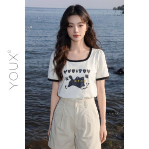 YOUXIANG | Áo Thun Hè Ôm Body In Hình Mèo Hoạt Hình Cổ Vuông