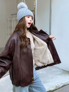Womens Fleece Lined Thickened Leather Jacket Autumn Winter American Retro Style Fashionable Outerwear Short Coat Zipper Closure