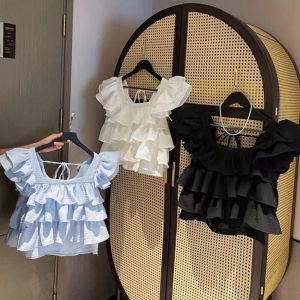 New Summer Girls Clothing for 2-7 Years Old Korean Version Sweet and Cute Square Neck Pleated Lace Sleeves Backless Bow Top