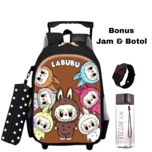 Tas Troli LABUBU tas ransel sekolah anak perempuan TK tas troli tas dorong tas ransel troli tas anak Bonus Jam & Botol
