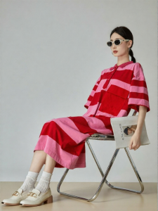 XIAODADEHUA | Pink Striped Short Sleeve Loose Casual Dress