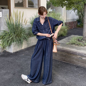 Loose Fit Denim Blue Lazy Style Slimming Womens Set Autumn New Outerwear Wide Leg Pants Two Piece Set Casual Style Jacket