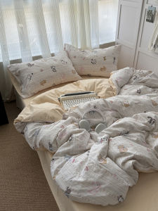 Cute Cat Concert Washed Cotton Four-Piece Bedding Set Double Layered Soft Pure Cotton Dormitory Three-Piece Coverlet Set