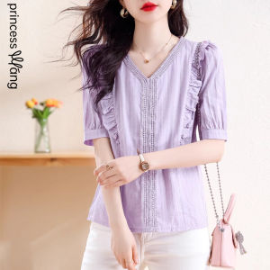 WANGGONGZHU | French Lace Trim Chiffon Shirt Women Summer New V-neck Stylish Beautiful Short Sleeve Top Princess Style Commute Simple Straight Cut