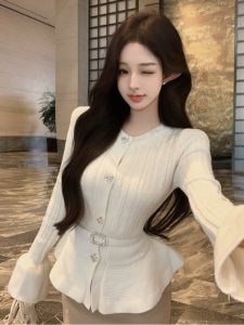 GUZILIAN | French Drill Button Long Sleeve Knitted Open Cardigan Women Winter Flared Sleeve Slim Fit Waistcoat Sweater Outerwear Elegantly White Top