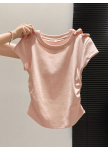 Round Neck Straight Shoulder Short Sleeve Slimming Ruched T-shirt