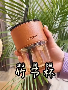 Double Wall Glass Coffee Mug with Cover - Gold with Free Straw